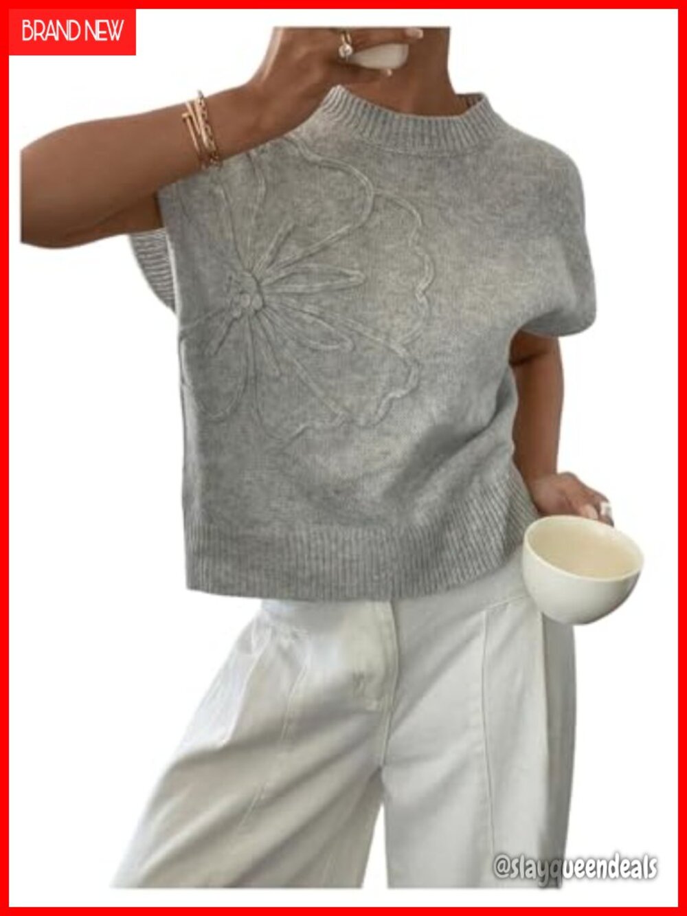 Women's Short Sleeve Floral Knit Sweater Loose Fit Pullover Top
